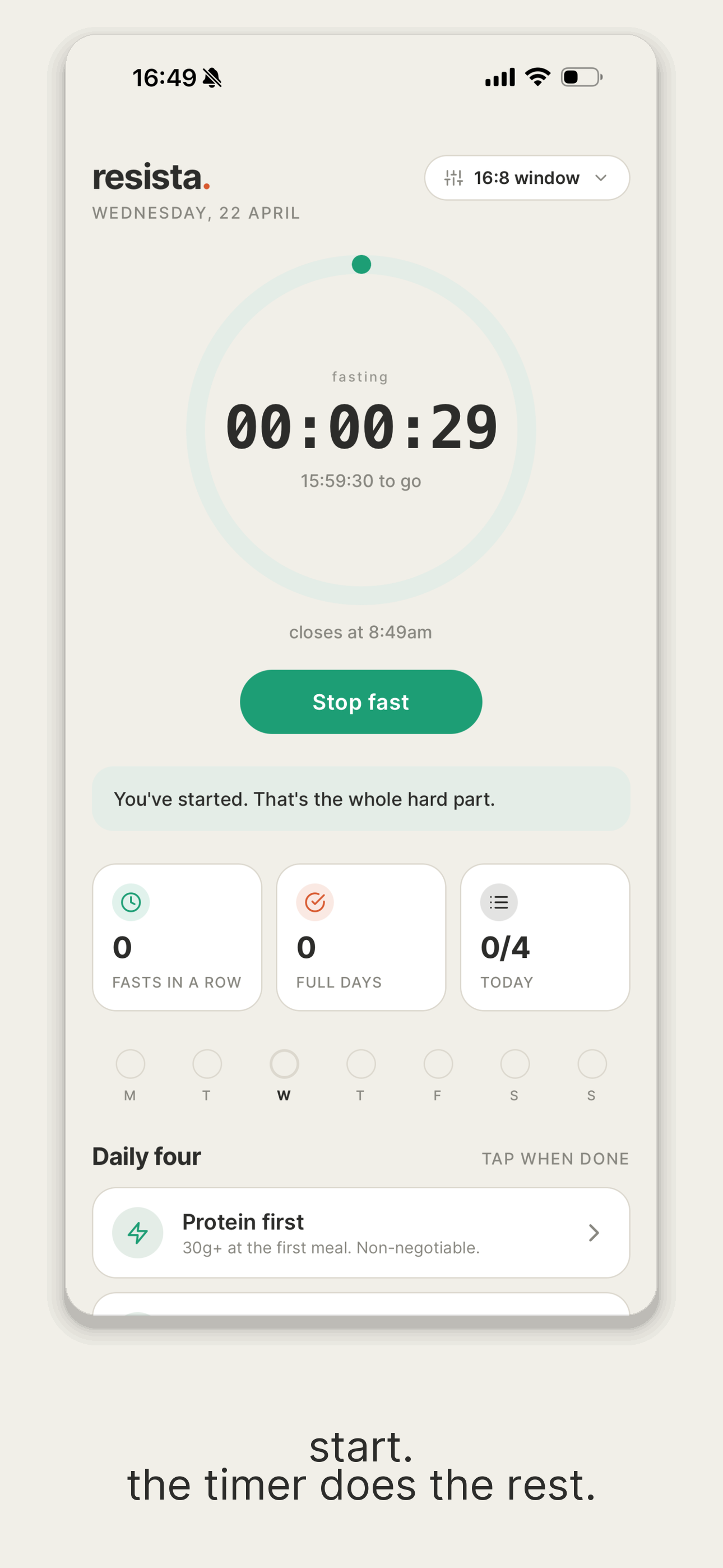 Active fasting timer counting up with window closing time visible