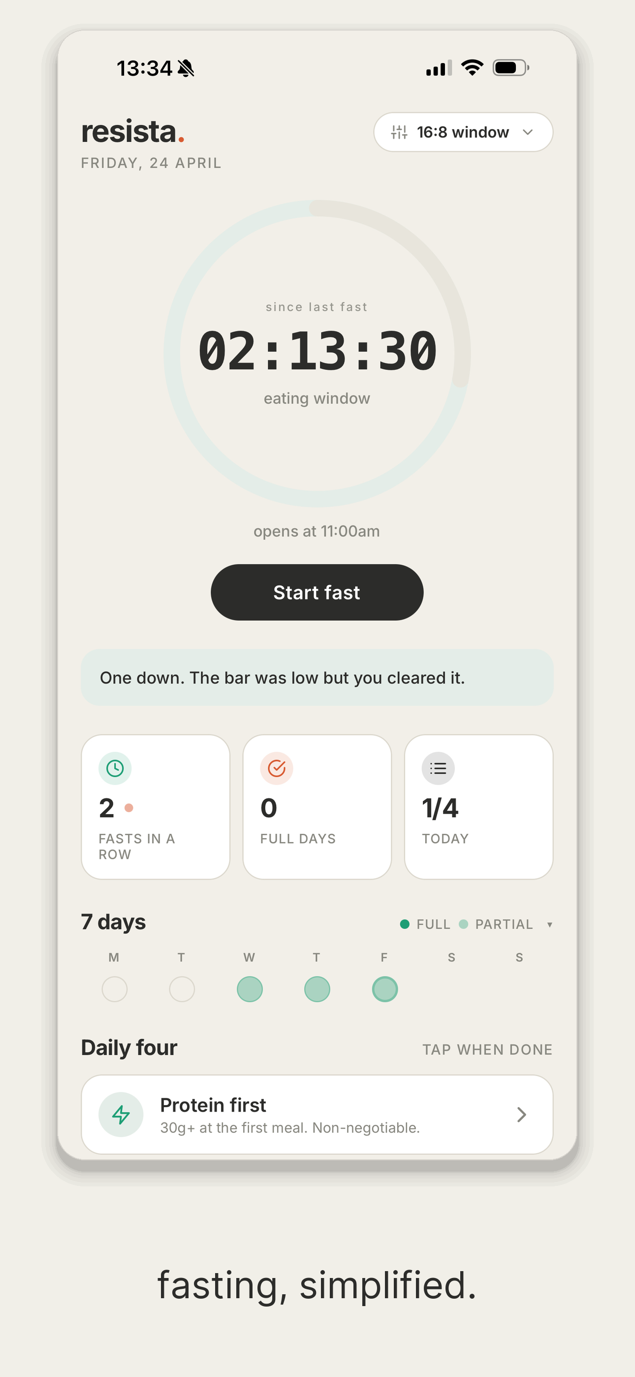 Resista. home screen with fasting timer and daily stats